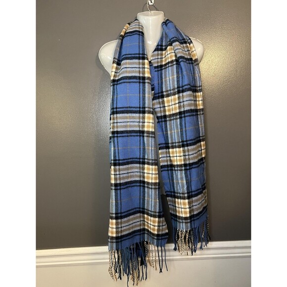 H&M Divided Scarf Womens One Size Blue Plaid Oversized Fringe 71x28 Acrylic - Picture 1 of 5